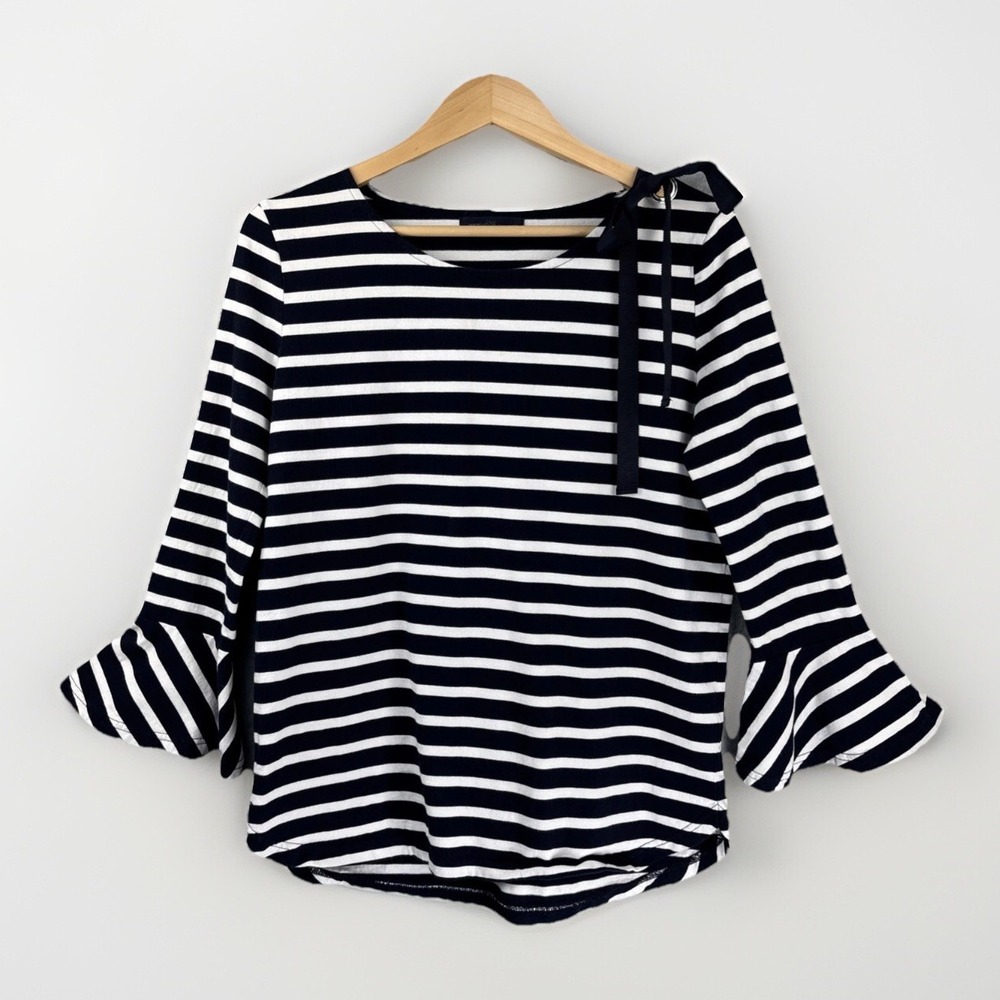 Etam Weekend Shirt M/L Navy Stripe Tie Shoulder Bell Sleeve French Girl Preppy